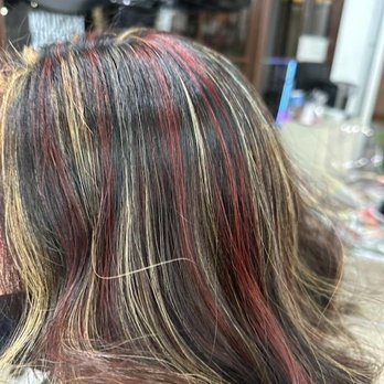 Salon by Spring - Red and blonde highlights on dark brown hair - Hair Salons Near Me - Garden Grove, California