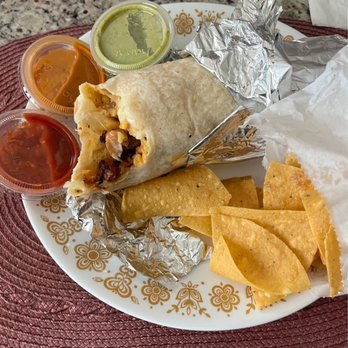 Taqueria Dos Charros - Baby chicken burrito with 3 different sauces and chips. - Mexican Near Me - Daly City, California