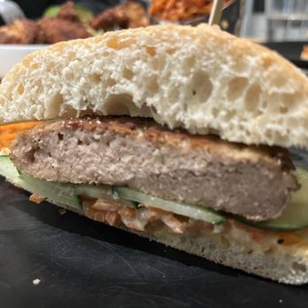 Root Down DIA - Banh mi turkey burger inside - New American Near Me - Denver, Colorado