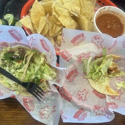 Fajita Chicken Taco, Fajita Beef Taco, Tempura Shrimp Burrito. Chips & Arbol Chile Salsa