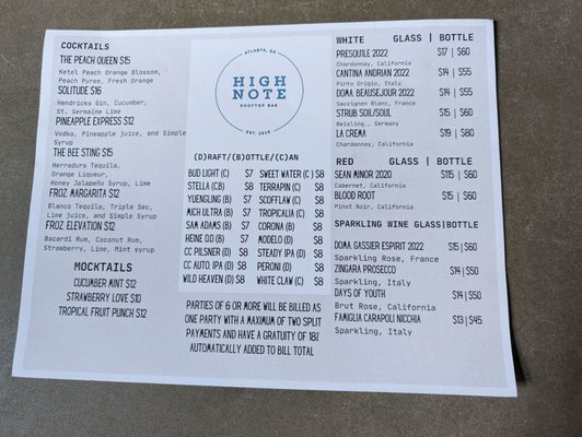 Menu photo 1 High Note Rooftop Bar Atlanta, GA