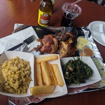 Suya Pollo A La Brasa - Half chicken, rice, yuca, and spinach. Plus pineapple ginger beer and hibiscus drinks. - Peruvian Near Me - Riverdale Park, Maryland Suya Pollo A La Brasa - Half chicken, rice, yuca, and spinach. Plus pineapple ginger beer and hibiscus drinks. - Peruvian Near Me - Riverdale Park, Maryland
