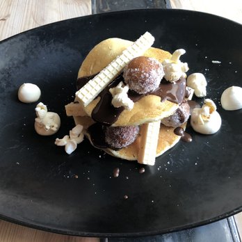 Les Vilains Garçons - Finally the dessert; mini pancakes with espresso cream, chocolate sauce, vanilla wafers and beignets. - Wine Bars Near Me - Gatineau, Quebec Les Vilains Garçons - Finally the dessert; mini pancakes with espresso cream, chocolate sauce, vanilla wafers and beignets. - Wine Bars Near Me - Gatineau, Quebec