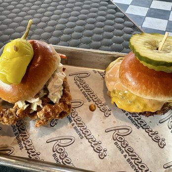 Rosemarie's Buns and Brews - Soft shell crab slider and RosieMac slider. Soft shell crab slider was very good. - Burgers Near Me - Encinitas, California Rosemarie's Buns and Brews - Soft shell crab slider and RosieMac slider. Soft shell crab slider was very good. - Burgers Near Me - Encinitas, California