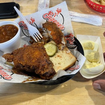 Eugene's Hot Chicken - Chicken Thigh & Catfish request not paired on menu, side of deviled eggs and skillet beans - Food Trucks Near Me - Birmingham, Alabama