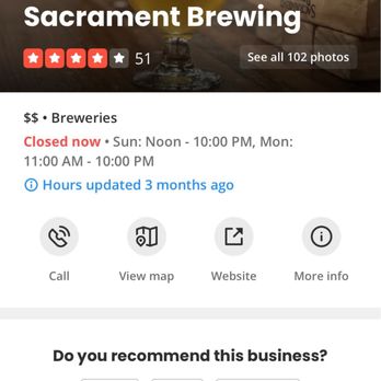 Sacrament Brewing - Hours for Sacrament Brewing for Sunday's noon-10p. Was told they were closed at 9p and had the patio lights turned off on us at 9:10p. - Breweries Near Me - Sacramento, California Sacrament Brewing - Hours for Sacrament Brewing for Sunday's noon-10p. Was told they were closed at 9p and had the patio lights turned off on us at 9:10p. - Breweries Near Me - Sacramento, California