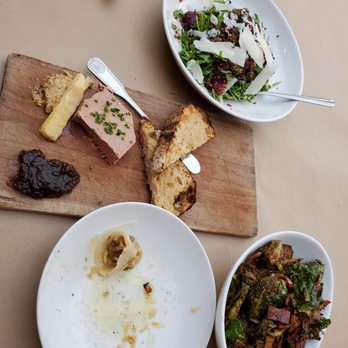 Starbelly - Chicken liver pate, crispy brussel sprouts with bacon, one butternut squash dumpling left, quinoa arugula salad (too sour) - New American Near Me - San Francisco, California