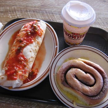 Frontier - a well balanced meal.  breakfast burrito and sweet roll.  get the sweet roll.  yum yum. - Mexican Near Me - Albuquerque, New Mexico
