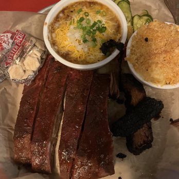 Del's Hideout - Ribs and brisket, mac and cheese and chili. Most of the brisket was already taken off the plate before I could take the photo! - Barbeque Near Me - San Diego, California
