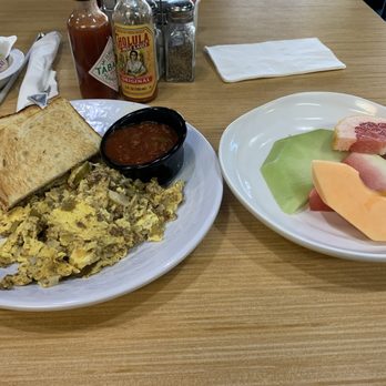 The Cracked Egg - Southwest Scramble with salsa and fruits - New American Near Me - Las Vegas, Nevada The Cracked Egg - Southwest Scramble with salsa and fruits - New American Near Me - Las Vegas, Nevada