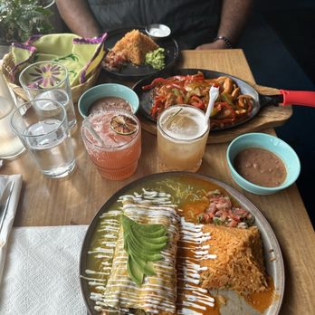 La Cocina Restaurant - Fajitas (chicken) and Enchiladas (Christmas style) both entrees come w/ beans and rice. Strawberry Margarita and Dragonfruit Sour. - Mexican Near Me - Portland, Oregon La Cocina Restaurant - Fajitas (chicken) and Enchiladas (Christmas style) both entrees come w/ beans and rice. Strawberry Margarita and Dragonfruit Sour. - Mexican Near Me - Portland, Oregon