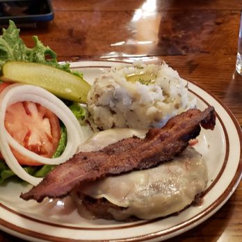 River Rock Cafe - Burger with provolone cheese, slice of bacon (no bun) and mashed potatoes. - Bars Near Me - Walden, Colorado River Rock Cafe - Burger with provolone cheese, slice of bacon (no bun) and mashed potatoes. - Bars Near Me - Walden, Colorado