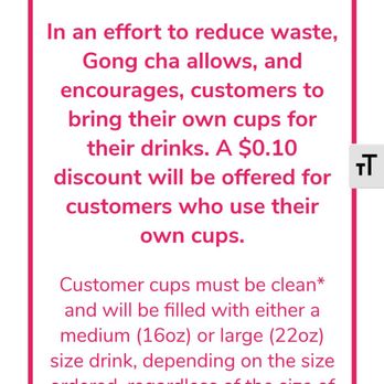 Gong Cha - Didn't know they have a .10 cent discount for cups, found on their website. The more you know! - Bubble Tea Near Me - Virginia Beach, Virginia Gong Cha - Didn't know they have a .10 cent discount for cups, found on their website. The more you know! - Bubble Tea Near Me - Virginia Beach, Virginia