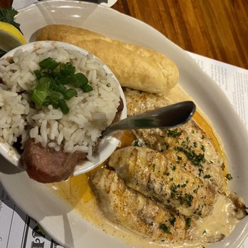 Chimes Restaurant - Grilled Charbroiled Catfish in a Garlic Butter Sauce with Red and Rice as well as a side of French Bread - Southern Near Me - Baton Rouge, Louisiana