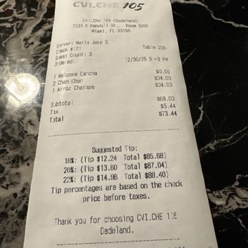 CVI.CHE 105 - Receipt - Seafood Near Me - Miami, Florida CVI.CHE 105 - Receipt - Seafood Near Me - Miami, Florida