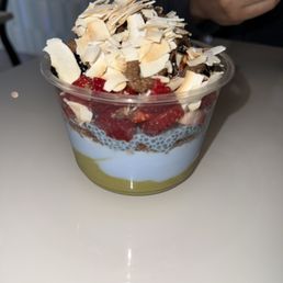 Bowl with Boomchia pudding, blue coconut and matcha base