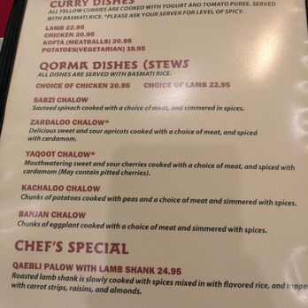 Pamir Kabob House - Curry, Qorma, Special dishes menu. Wed dinner 2025-04-09 - Afghan Near Me - La Jolla, California