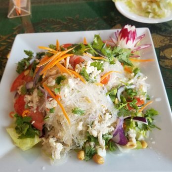 Mee Thai Restaurant - Yum woonsen. Lime chili tossed thin noodles with ground chicken. - Thai Near Me - Orlando, Florida
