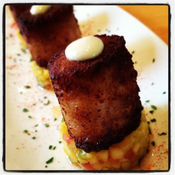 Global Cuisine by Gary Arabia - Crab cake with mango brunoise. - Caterers Near Me - Manhattan Beach, California Global Cuisine by Gary Arabia - Crab cake with mango brunoise. - Caterers Near Me - Manhattan Beach, California