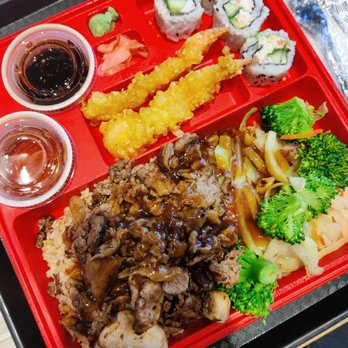 Edo Japan - Beef bento on brown rice with California rolls and shrimp tempura - Japanese Near Me - Mississauga, Ontario