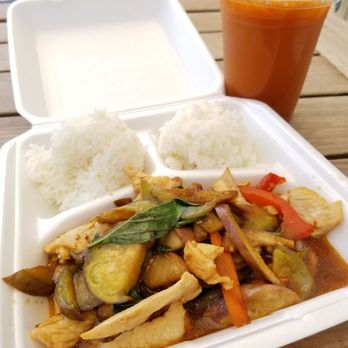 Quick Thai - Eggplant basil chicken with rice and Thai iced tea. - Thai Near Me - Waipahu, Hawaii Quick Thai - Eggplant basil chicken with rice and Thai iced tea. - Thai Near Me - Waipahu, Hawaii