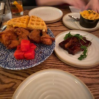Yardbird - Fried chicken and waffles with a sample of ribs and a side of Mac n cheese - Southern Near Me - Las Vegas, Nevada Yardbird - Fried chicken and waffles with a sample of ribs and a side of Mac n cheese - Southern Near Me - Las Vegas, Nevada
