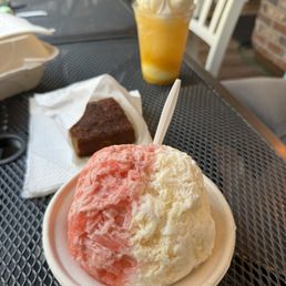 shaved ice w/ sno cap, butter mochi, and ice cream float shaved ice w/ sno cap, butter mochi, and ice cream float