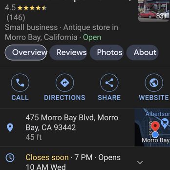 Treasures Antique Mall - Time shortly after I arrived in top left corner, hours of operation at the time in pic. - Antiques Near Me - Morro Bay, California