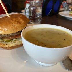 Huckleberry's Cafe - Huck's Classic Pioneer Burger and Huck's Classic Dill Pickle Soup.
