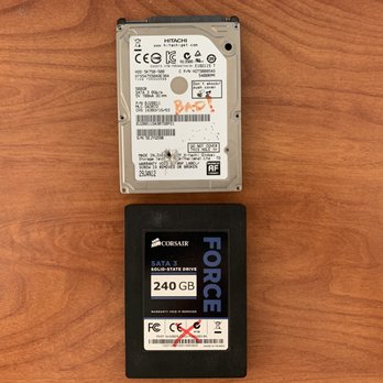 White Flag Computing - Mechanical hard drive (top) vs SSD (bottom).  Note: Both of these drives failed - IT Services & Computer Repair Near Me - El Segundo, California