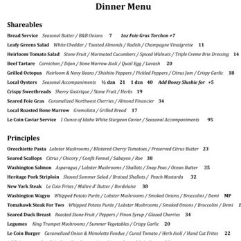 Le Coin - Dinner menu - Seafood Near Me - Seattle, Washington