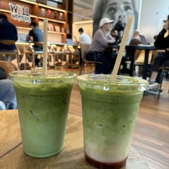 Wall Writers Coffee - Pandan matcha (left) & strawberry matcha (right) - Coffee & Tea Near Me - Irvine, California