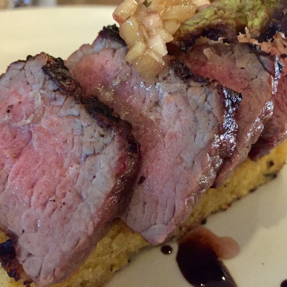 Pico - Seared cornbread, heart of ribeye, potato hash and cherry sauce. - Wine Bars Near Me - Los Alamos, California Pico - Seared cornbread, heart of ribeye, potato hash and cherry sauce. - Wine Bars Near Me - Los Alamos, California