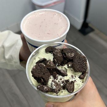 Stricklands Ice Cream - Matcha Oreo Arctic Freeze and Strawberry Milkshake - Ice Cream & Frozen Yogurt Near Me - Costa Mesa, California Stricklands Ice Cream - Matcha Oreo Arctic Freeze and Strawberry Milkshake - Ice Cream & Frozen Yogurt Near Me - Costa Mesa, California