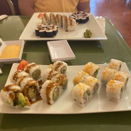 Shrimp tempura, California roll, salmon roll, spider roll, tuna roll Shrimp tempura, California roll, salmon roll, spider roll, tuna roll