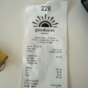 Goodness Bowls - Receipt - Salad Near Me - Villanova, Pennsylvania Goodness Bowls - Receipt - Salad Near Me - Villanova, Pennsylvania