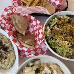 Shawarma Bowl, Hamburger, Santa Fe Chicken Salad, Chicken Souvlaki, Baba Ganouge and Dolma