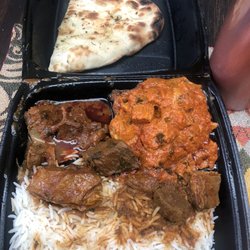 Curryland Indian Food - My food, rice, goat curry, chicken tikka masala and freshly made naan