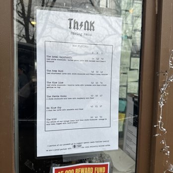 T.H.I.N.K. Coffee - ows a menu on a window - Coffee & Tea Near Me - Conway, Arkansas T.H.I.N.K. Coffee - ows a menu on a window - Coffee & Tea Near Me - Conway, Arkansas