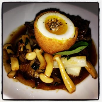 Café Boulud - Crispy duck egg, fricassée of wild mushrooms, duck confit, salsify and celery root. - Cafes Near Me - Toronto, Ontario
