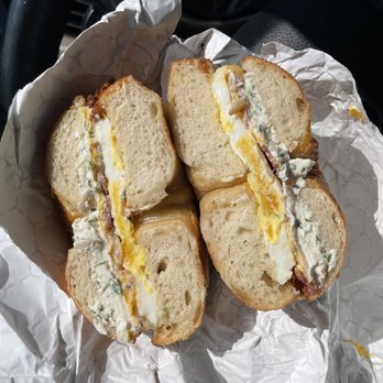 Bagel Boutique - Bacon Egg & Cheese on Asiago bagel with onion and chive cream cheese - Bagels Near Me - Stratford, Connecticut Bagel Boutique - Bacon Egg & Cheese on Asiago bagel with onion and chive cream cheese - Bagels Near Me - Stratford, Connecticut