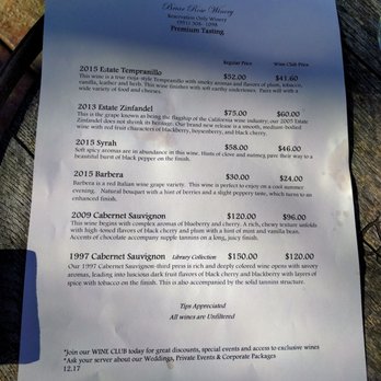Briar Rose Winery - Tasting menu for the day. - Wineries Near Me - Temecula, California