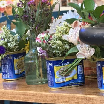 Huli Sue’s - I love that they used Spam cans to put their flower arrangements in. - Hawaiian Near Me - Asheville, North Carolina Huli Sue’s - I love that they used Spam cans to put their flower arrangements in. - Hawaiian Near Me - Asheville, North Carolina