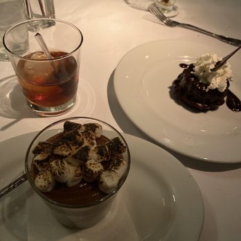 Lindey's - S'mores parfait with flamed marshmallows and Red velvet cake with Guinness chocolate ganache. - New American Near Me - Columbus, Ohio