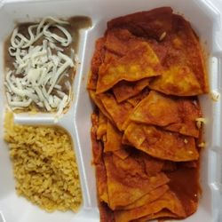 El Taco Llama - Chilaquiles with rice and beans on the side.