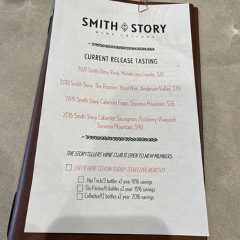 Smith Story Wine Cellars - Current Release Tasting menu at Smith Story Wine Cellars in Bacchus Landing in Healdsburg. - Wine Tasting Room Near Me - Healdsburg, California Smith Story Wine Cellars - Current Release Tasting menu at Smith Story Wine Cellars in Bacchus Landing in Healdsburg. - Wine Tasting Room Near Me - Healdsburg, California