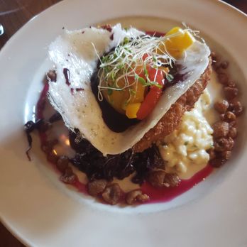 Otto's - Duck breast schnitzel topped w/ a fried duck egg, käsespätzle, rotkohl, blueberry syrah aigre-doux. (Go to review for better info). - German Near Me - Fredericksburg, Texas Otto's - Duck breast schnitzel topped w/ a fried duck egg, käsespätzle, rotkohl, blueberry syrah aigre-doux. (Go to review for better info). - German Near Me - Fredericksburg, Texas