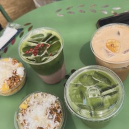 Iced matcha (middle), iced matcha mommy (top left), iced boat float (top right), mango chia seed pudding Iced matcha (middle), iced matcha mommy (top left), iced boat float (top right), mango chia seed pudding