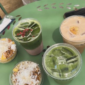 Kafe-Lum - Iced matcha (middle), iced matcha mommy (top left), iced boat float (top right), mango chia seed pudding - Coffee & Tea Near Me - Chula Vista, California Kafe-Lum - Iced matcha (middle), iced matcha mommy (top left), iced boat float (top right), mango chia seed pudding - Coffee & Tea Near Me - Chula Vista, California