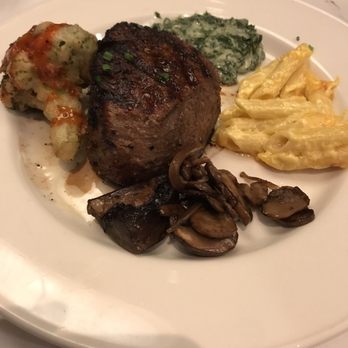 Rick Erwin's Clemson - Filet, sauté mushrooms, Mac and Cheese, creamed spinach, and fried cauliflower. All fantastic! - Steakhouses Near Me - Clemson, South Carolina